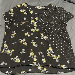 Maurices Black Blouse with Yellow Floral and White Polka Dots